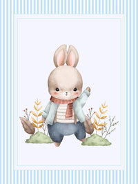 Watercolor adventurous bunny in blue coat nursery print