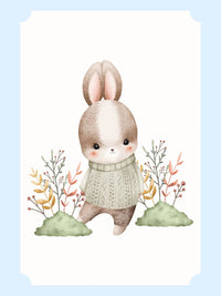 Watercolor cozy bunny woodland nursery print