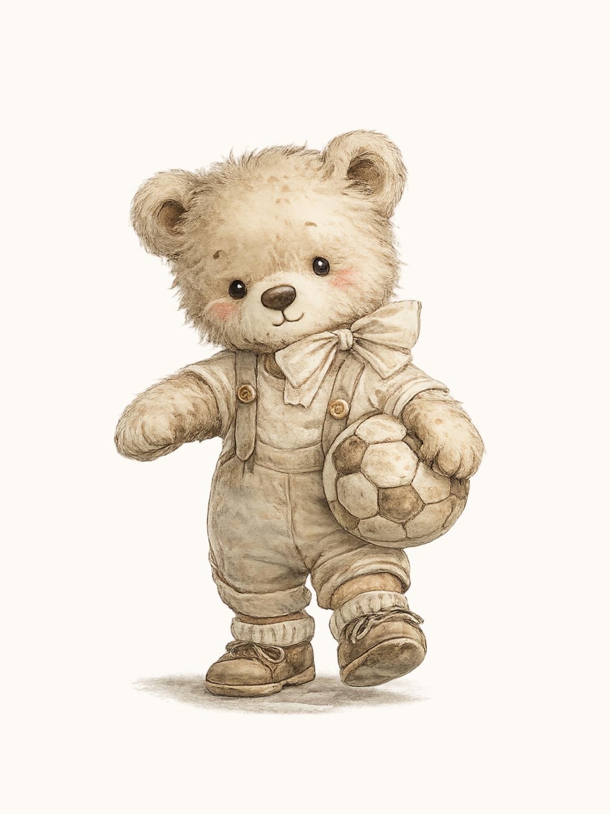 Watercolor teddy bear soccer player nursery print